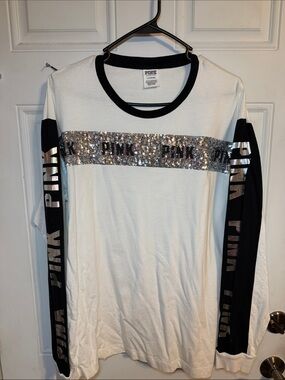 PINK Victoria's Secret White Long Sleeve Tee with Silver Sequin Stripe